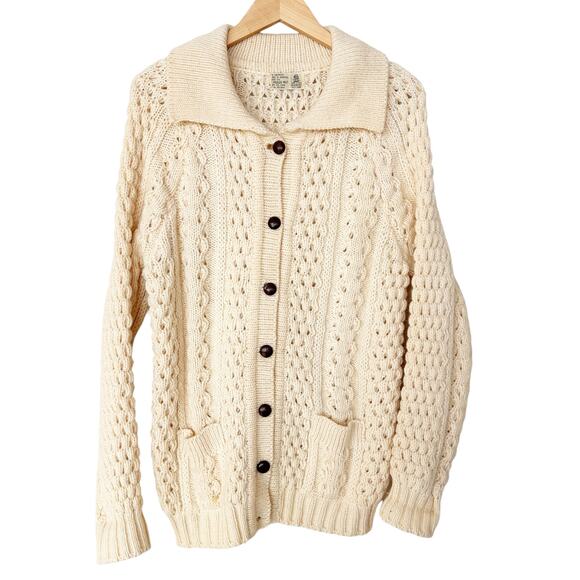 Vintage Woollen Mills Ireland Cream Knit Button Down Cardigan Sz M - Picture 1 of 5
